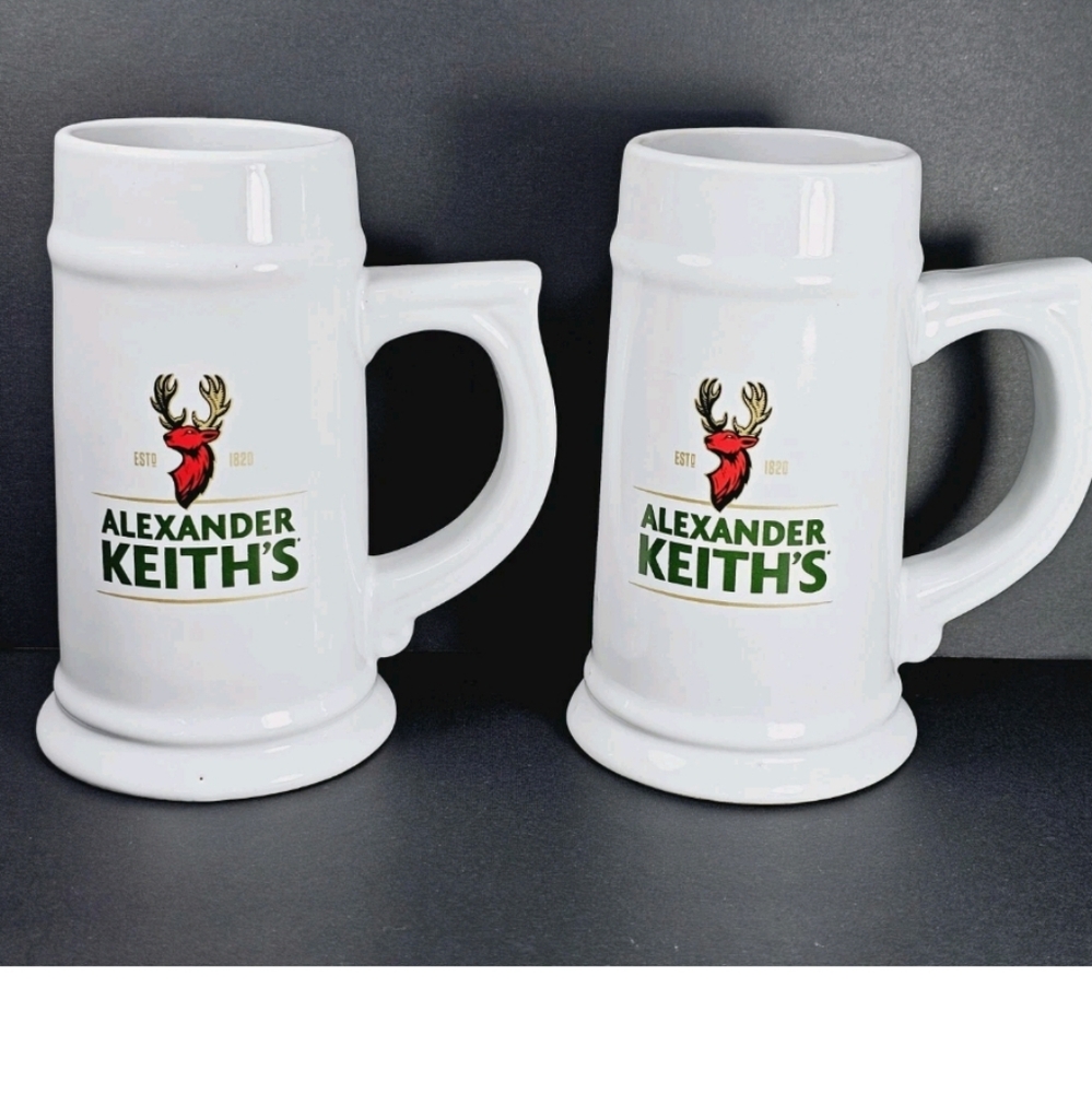 Alexander Keiths Beer Stein Mug White Set of 2